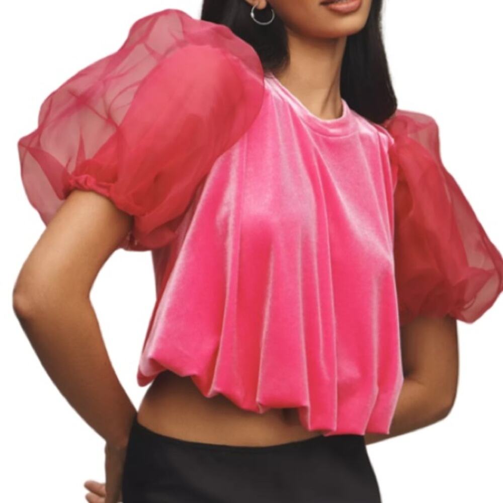 Anthropologie Maeve Puff-Sleeve Velvet Blouse - Pink XS